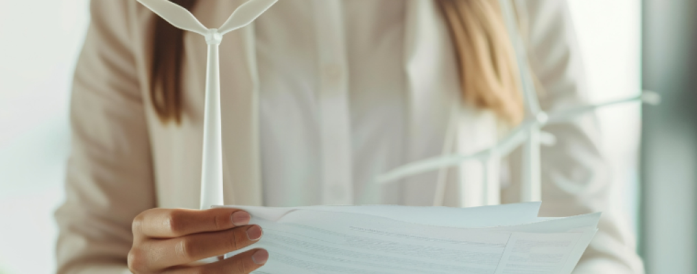 Um mulher segurando um certificado de energia renovável